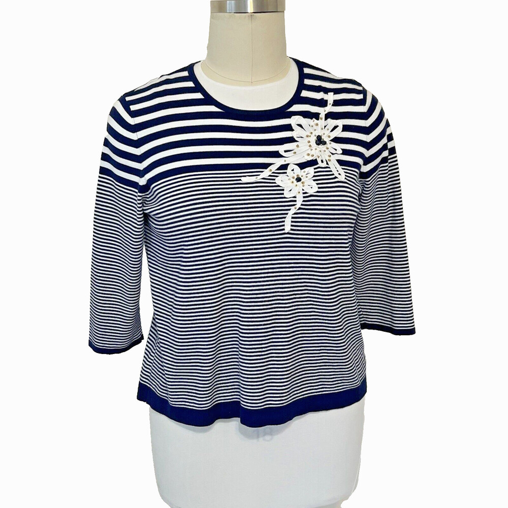 Alfred Dunner - Navy Blue with White Ribbon and Beaded Accents Sweater XL